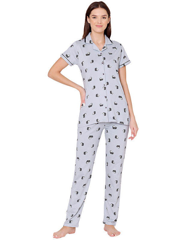 Bodycare Womens Cotton Printed Night Suit Set of Shirt & Pyjama-BSNS18009