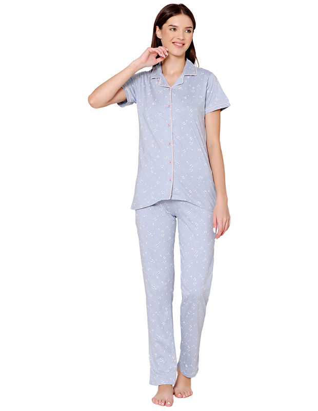 Bodycare Womens Cotton Printed Night Suit Set of Shirt & Pyjama-BSNS18010