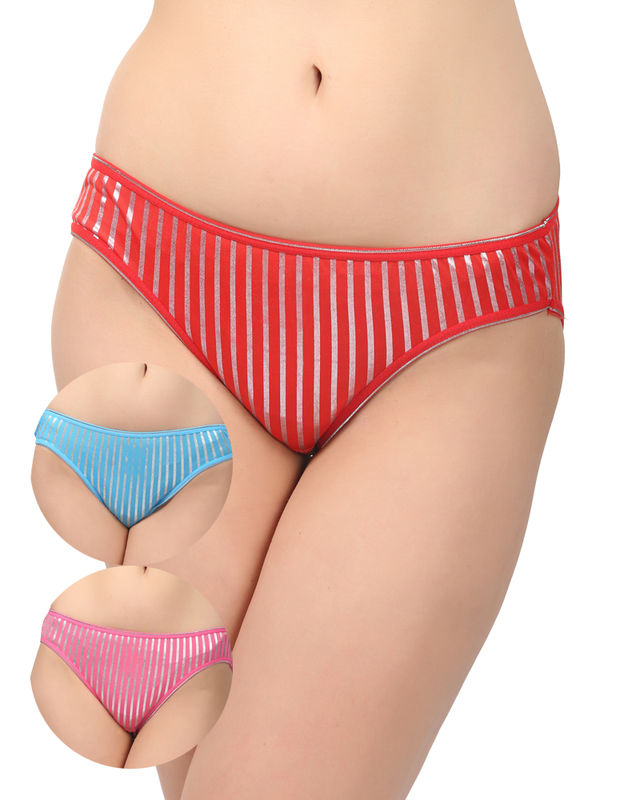 BODYCARE Pack of 3 Bikini Style Cotton Briefs in Assorted colors with Silver stripes-E1404