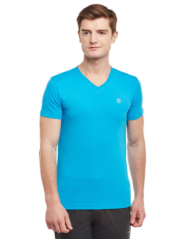 Bodyactive Men Turquoise Cotton V-Neck T-Shirt-TS13-RBLU