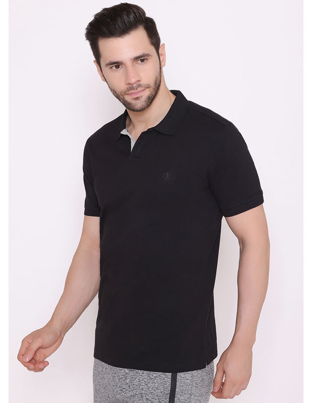 Bodyactive Solid Casual Half Sleeve Cotton Rich V neck Pique Polo T-Shirt for Men-TS52-BLK-GRY