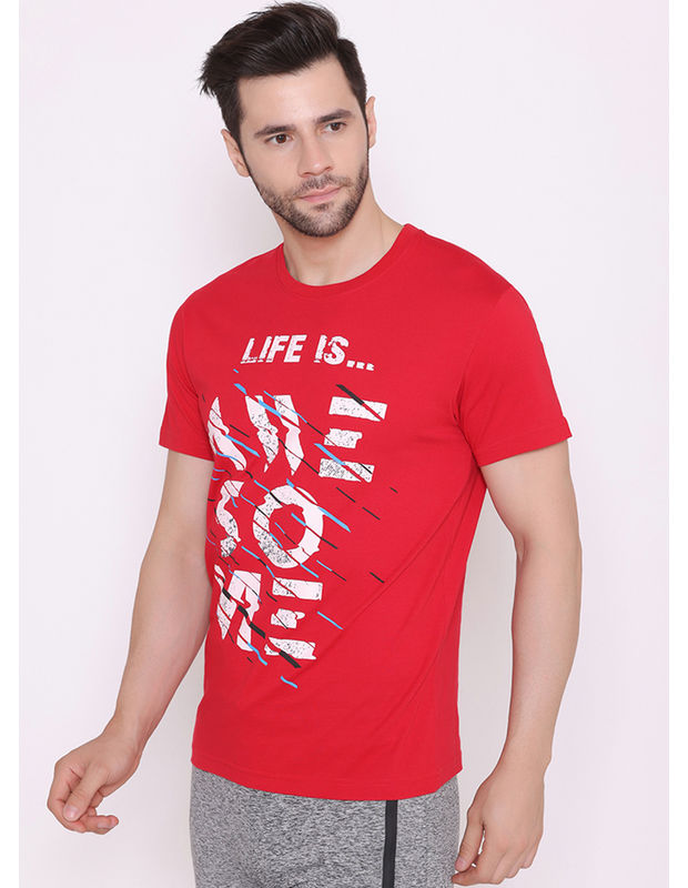 Bodyactive Regular Fit Printed Ribbed Round Neck Half Sleeve T-Shirt for Men -TS71-RED