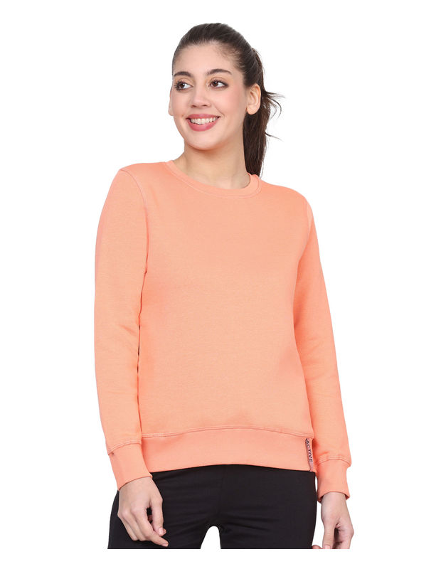 Bodyactive Women Cotton Fleece Blend Orange Solid Crew Neck Sweatshirt-TSW112_PCH