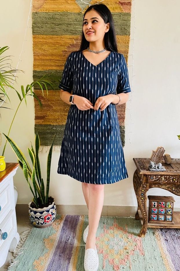 Navy Ikat Shift dress with Pockets