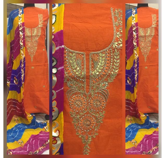 Buy Orange Chanderi Suit Lehariya Dupatta|Salwar Suits|Jhakhas