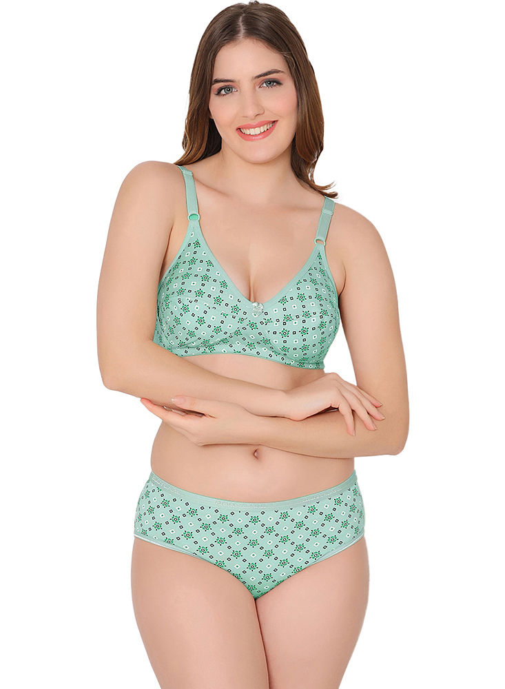 Bodycare women combed cotton printed green bra & panty set-6448GRN