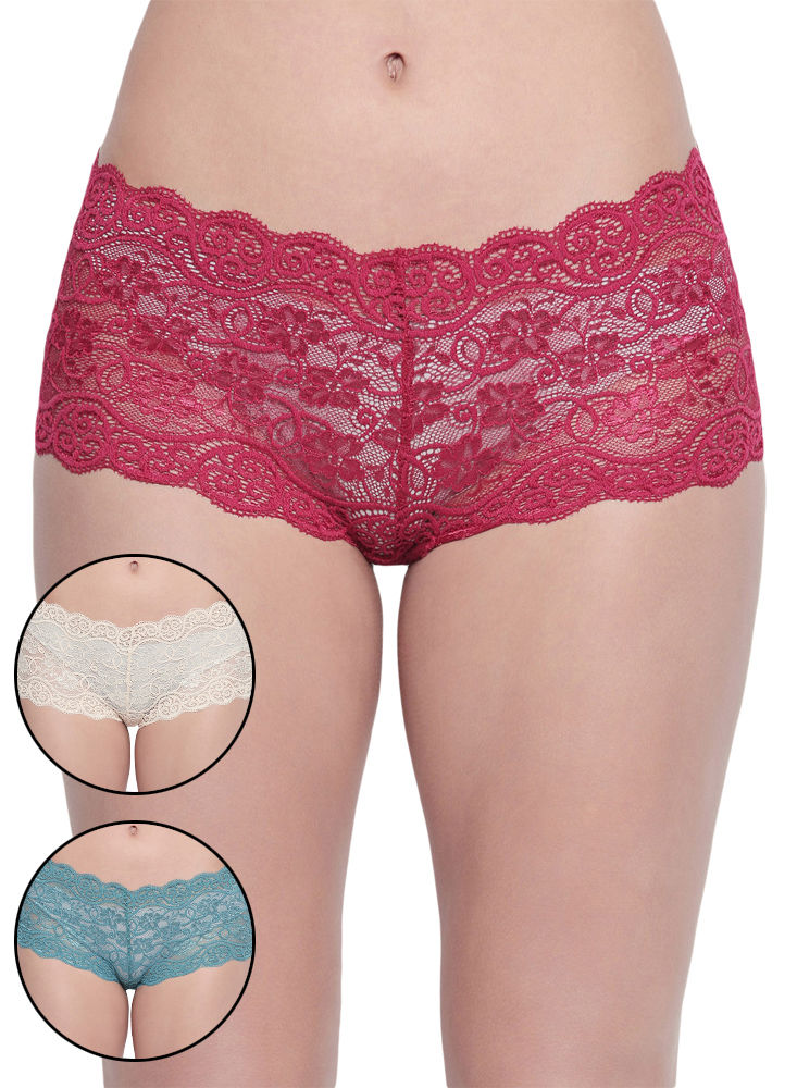 BODYCARE Pack of 3 Floral Lacy Hipster Briefs in Assorted Color-8013