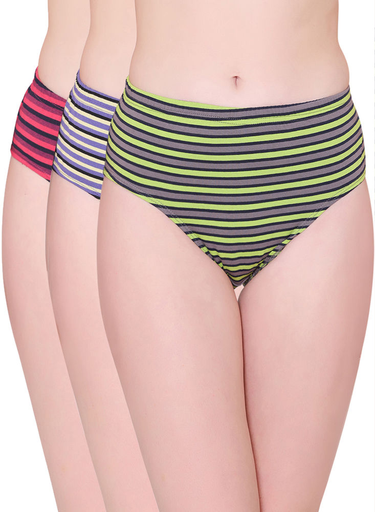 Bodycare Womens Cotton Spandex Assorted Striped High Cut Briefs-Pack of 3 (E-8704-3Pcs)