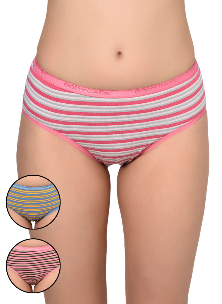 BODYCARE Womens Cotton Spandex Assorted Striped High Cut Briefs-Pack of 3