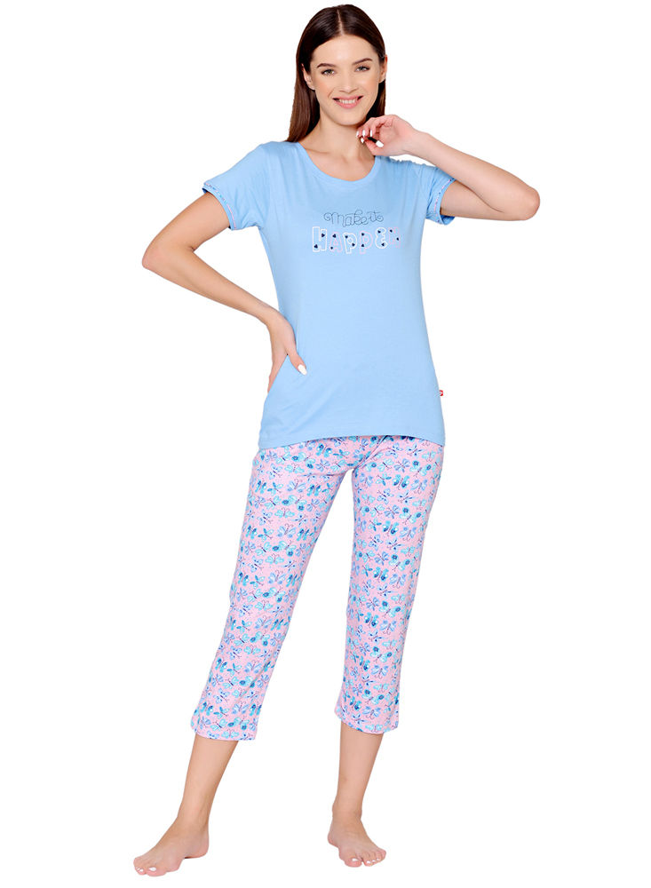 Cotton Printed Night Pants For Women - Blue, Night Dress Set For