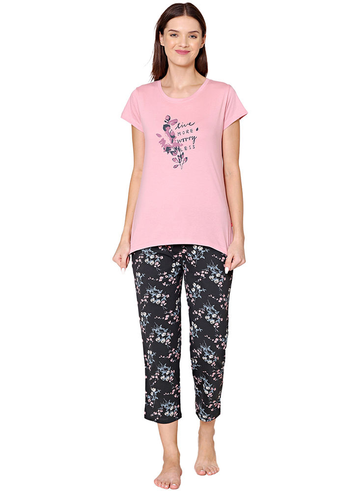 Bodycare Womens Combed Cotton Printed Tshirt & Capri Set-BSCS16003