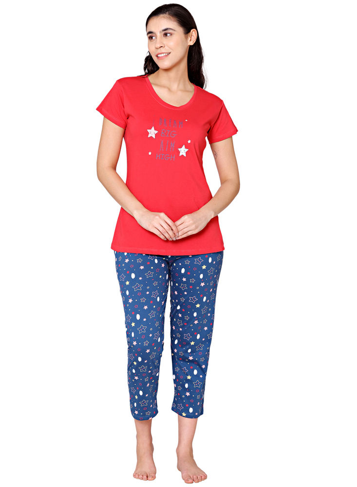 Bodycare Womens Combed Cotton Printed Tshirt & Capri Set-BSCS16009