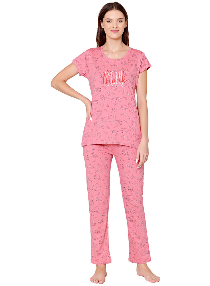 Bodycare Womens Combed Cotton Printed Tshirt & Pyjama Set-BSLS12010