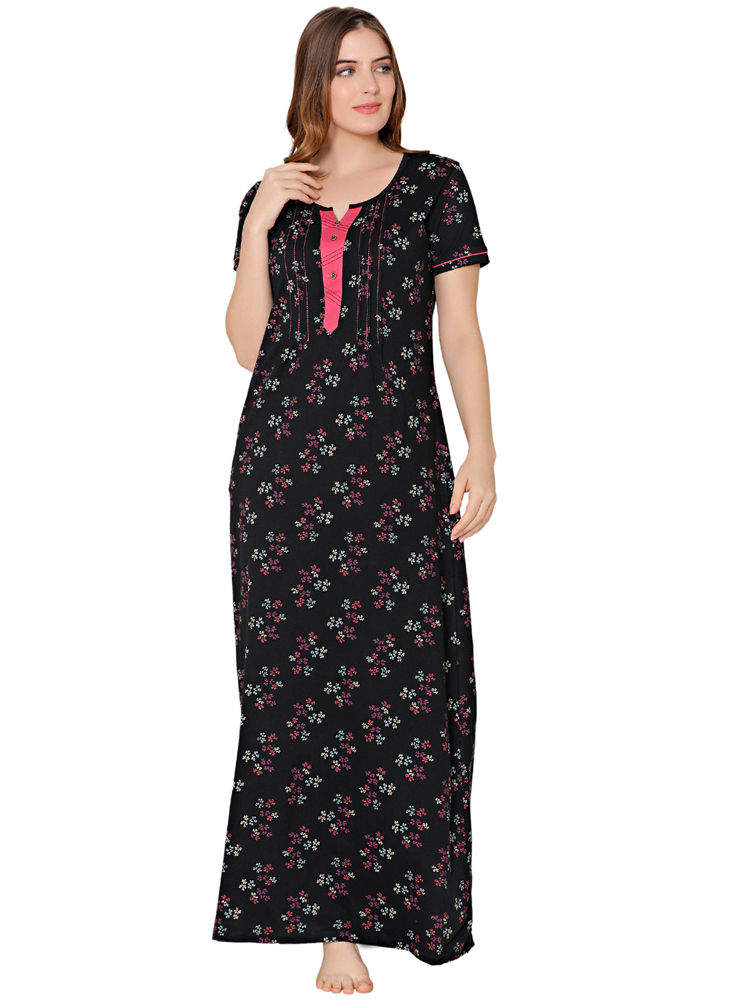 Bodycare Womens Combed Cotton Round Neck Printed Long Night Dress-BSN10004