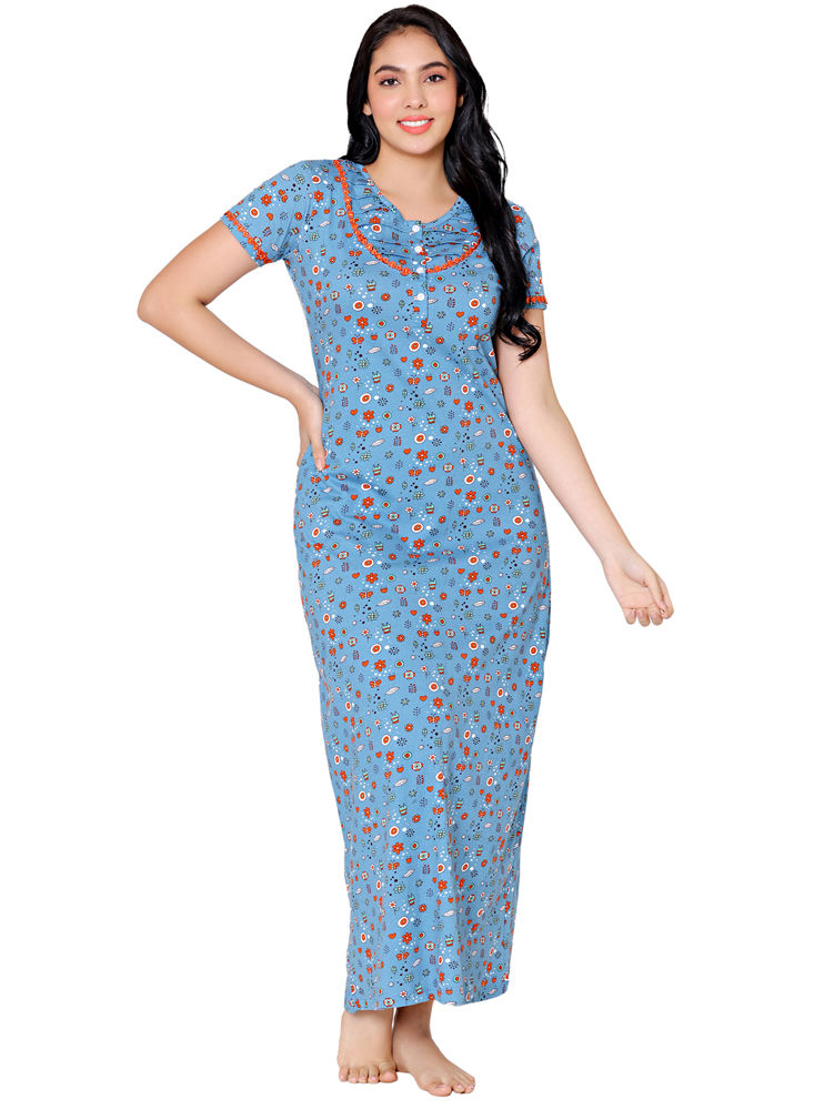 Bodycare Womens Combed Cotton Round Neck Printed Long Night Dress-BSN10005