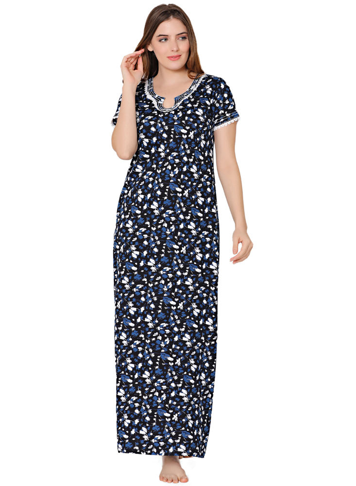 Bodycare Womens Combed Cotton Round Neck Printed Long Night Dress-BSN10006