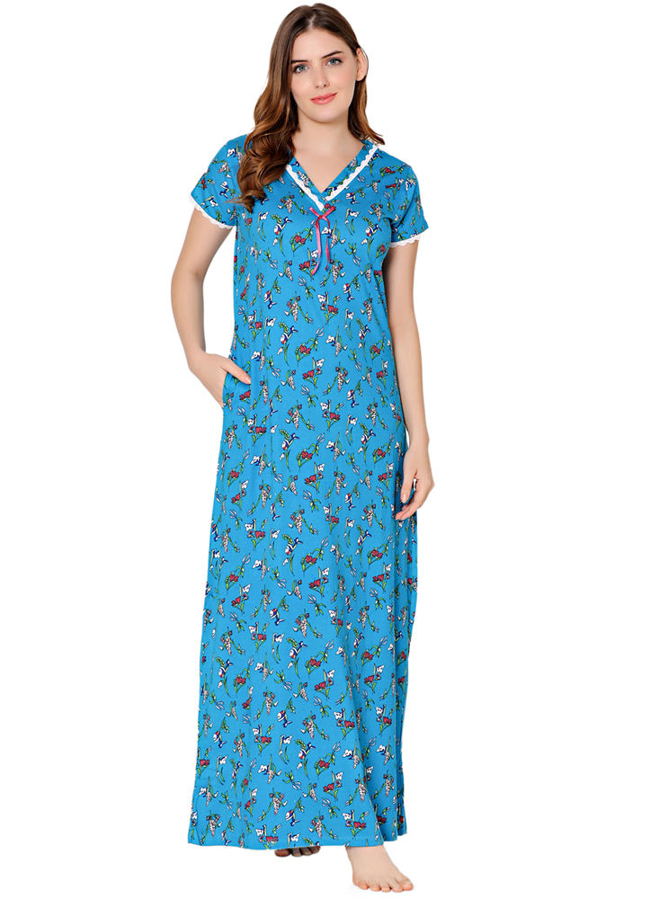 Bodycare Womens Combed Cotton V Neck Printed Long Night Dress-BSN10008