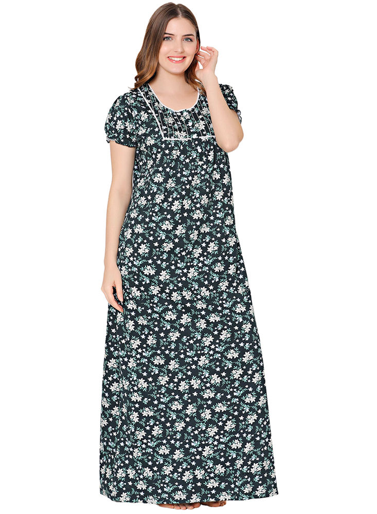 Bodycare Womens Combed Cotton Round Neck Printed Long Night Dress-BSN10009