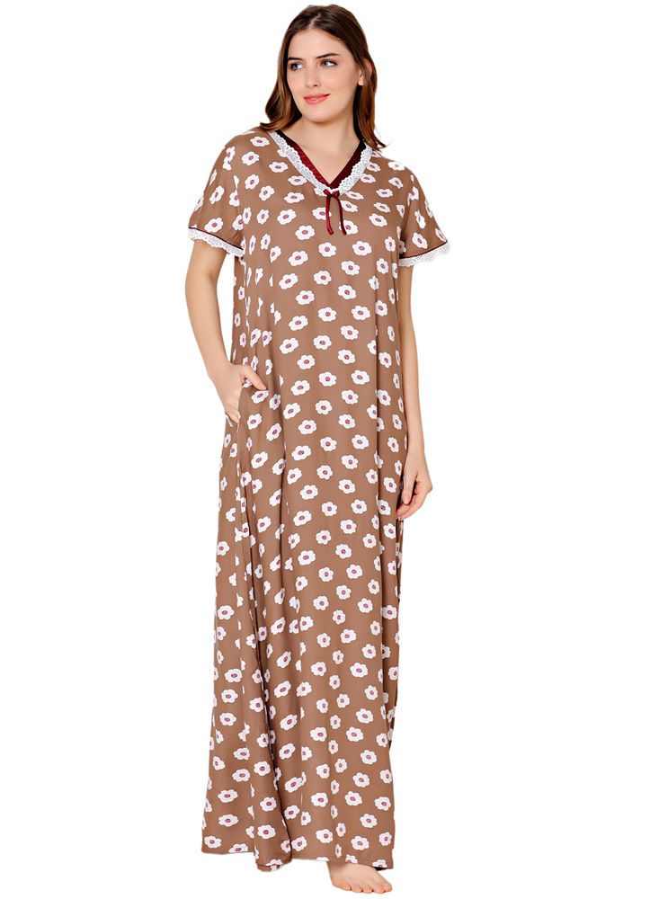 Bodycare Womens Polycotton Round Neck Printed Long Night Dress