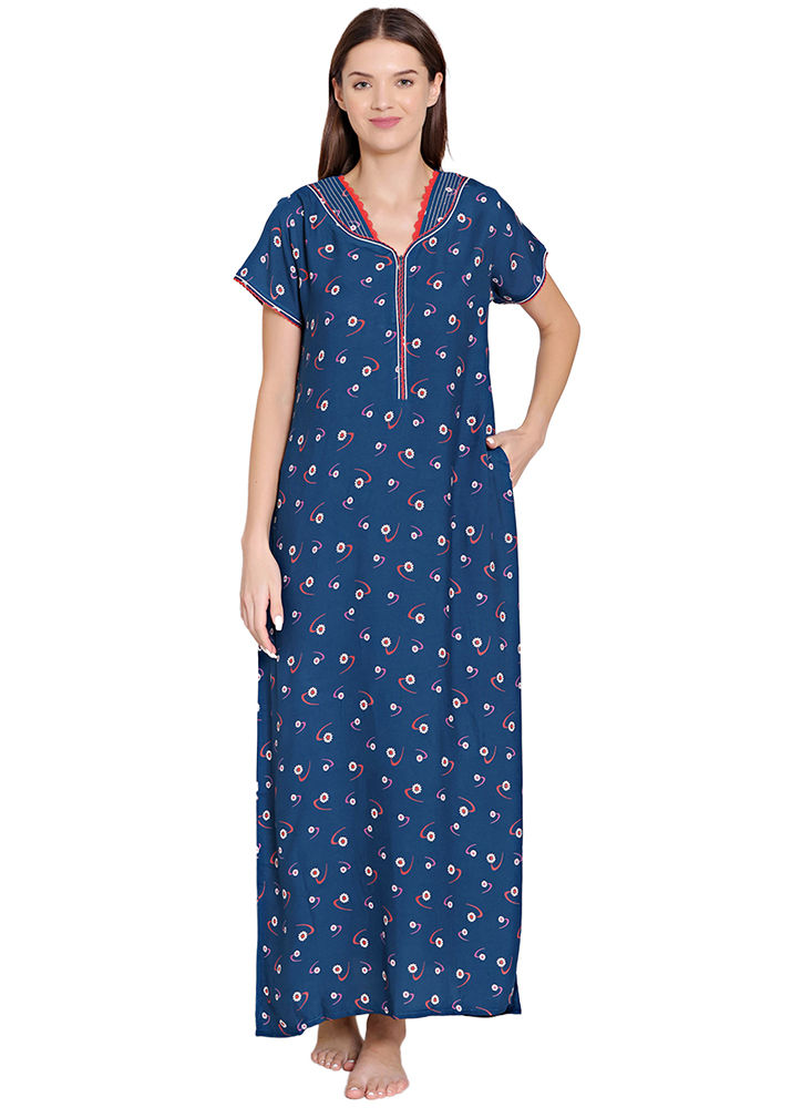 Bodycare Womens Rayon V Neck Floral Print Long Night Dress-BSN1010B