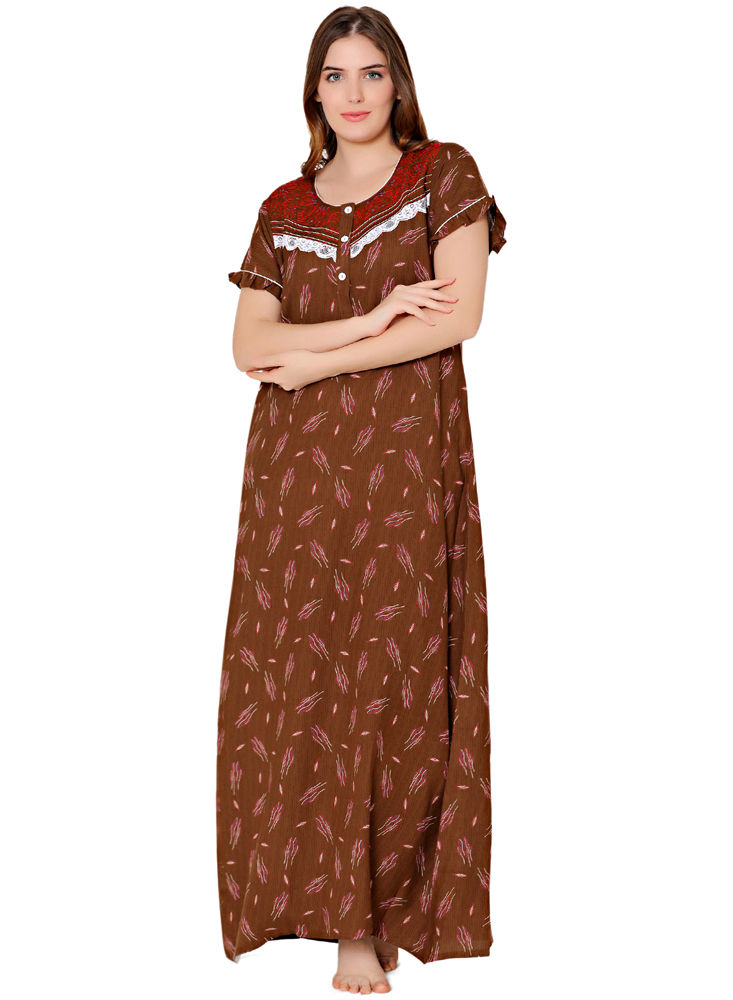 Bodycare Womens Polycotton Round Neck Printed Long Night Dress-BSN2005C