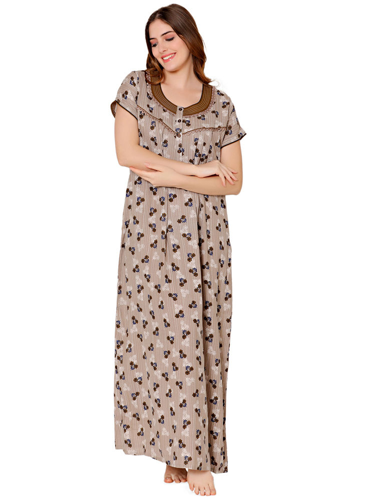 Bodycare Womens Polycotton Round Neck Printed Long Night Dress-BSN2008A