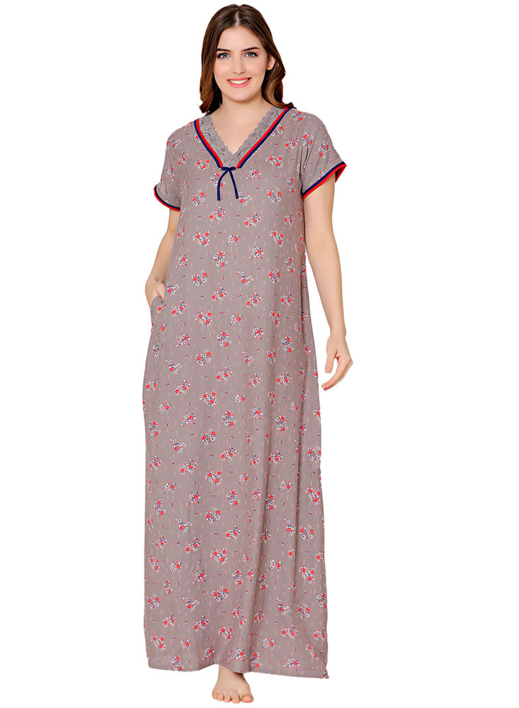 Bodycare Womens Polycotton V Neck Printed Long Night Dress-BSN2011B