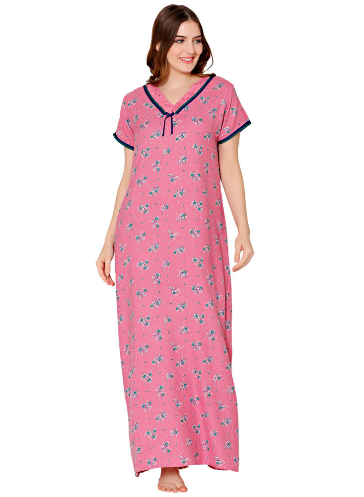 Bodycare Womens Polycotton U Neck Printed Long Night Dress-BSN2016B