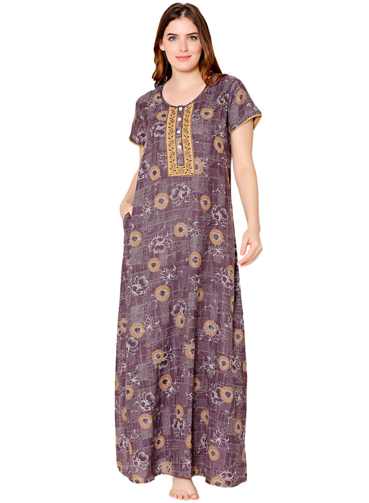 Bodycare Womens Polycotton Round Neck Printed Long Night Dress-BSN2012B