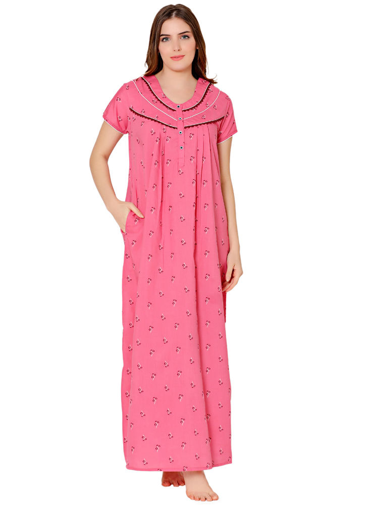 Bodycare Womens Poly Viscose Round Neck Printed Long Night Dress-BSN3007B