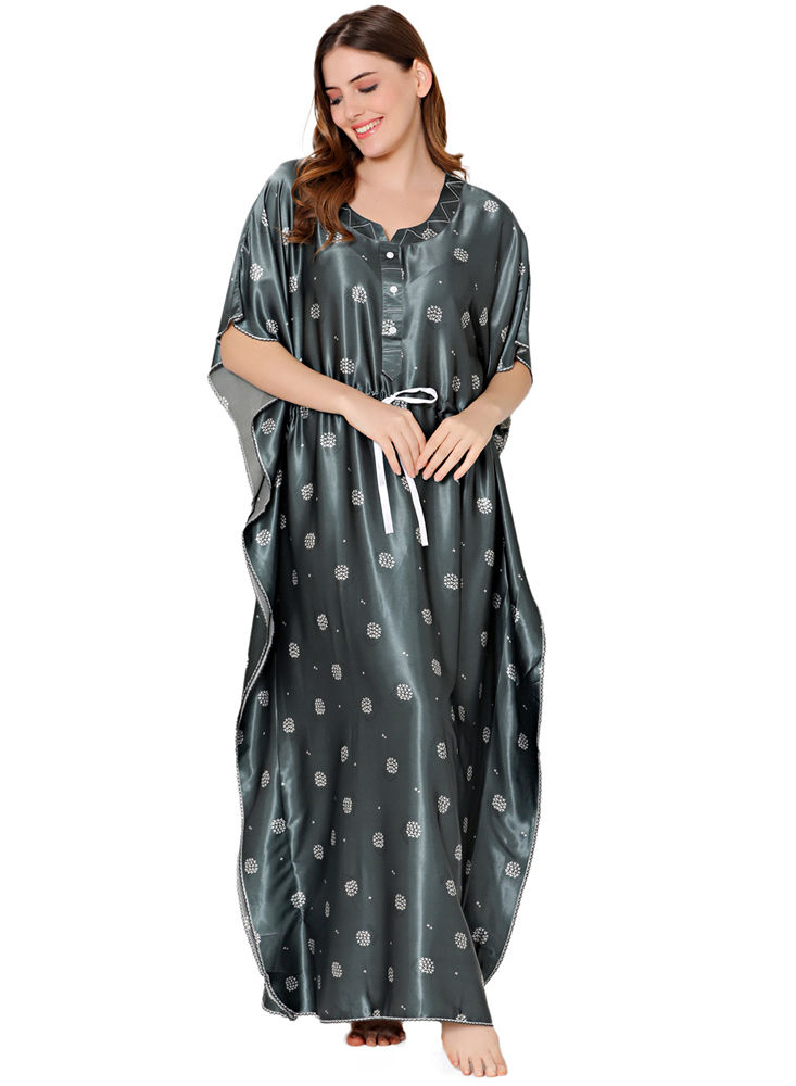 Bodycare Womens Satin Round Neck Printed Long Night Dress-BSN6003A