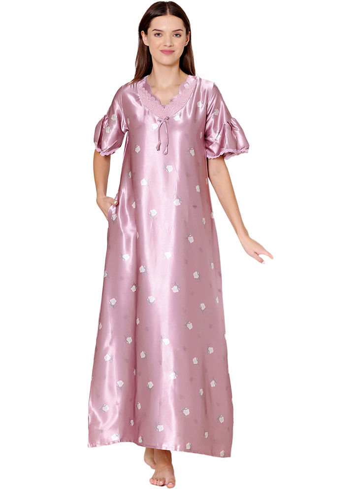 Bodycare Womens Satin V Neck Printed Long Night Dress-BSN6006A