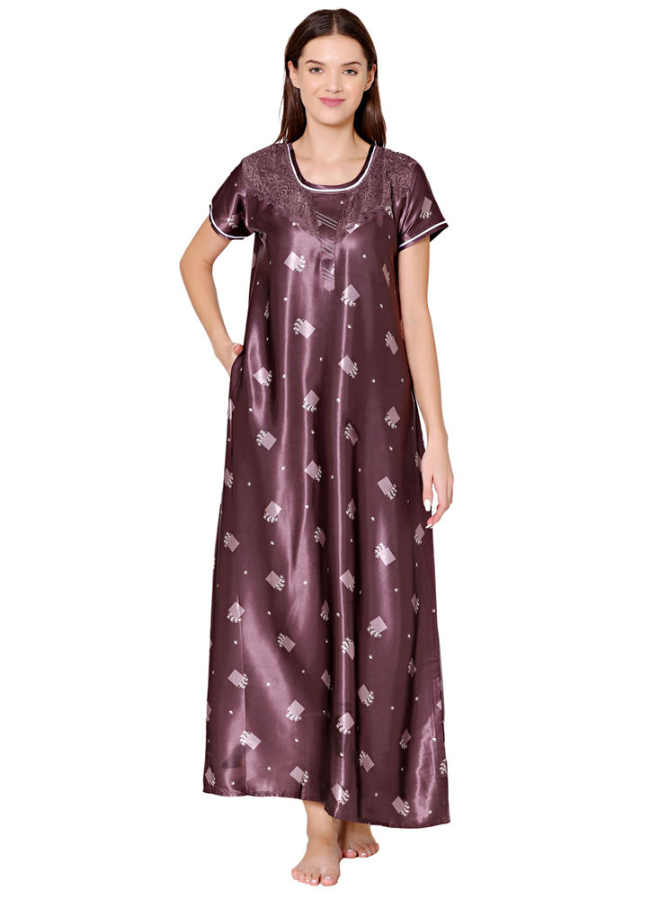 Bodycare Womens Satin Round Neck Printed Long Night Dress-BSN6007A