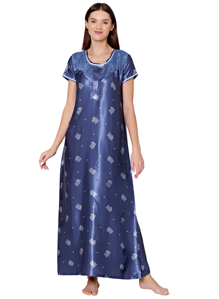 Bodycare Womens Satin Round Neck Printed Long Night Dress-BSN6007B