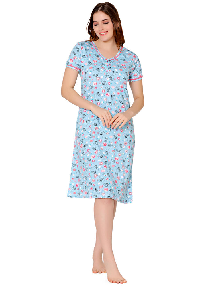 Bodycare Womens Combed Cotton Round Neck Printed Short Night Dress-BSN9001