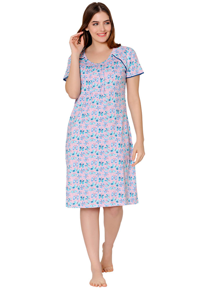 Bodycare Womens Combed Cotton Round Neck Printed Short Night Dress-BSN9011