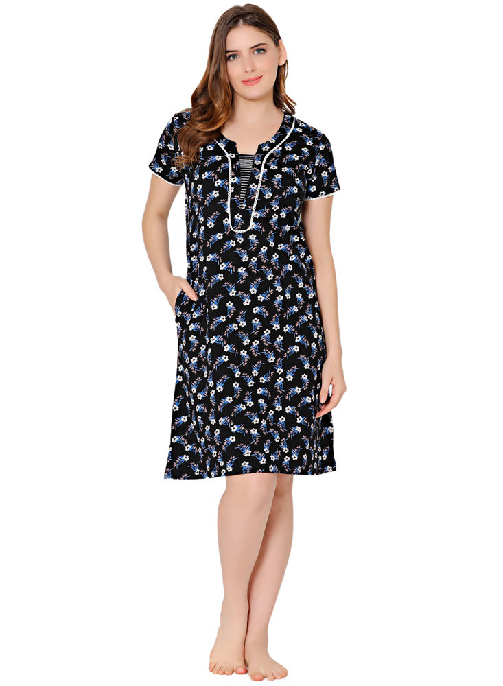 Bodycare Womens Combed Cotton Round Neck Printed Short Night Dress-BSN9012