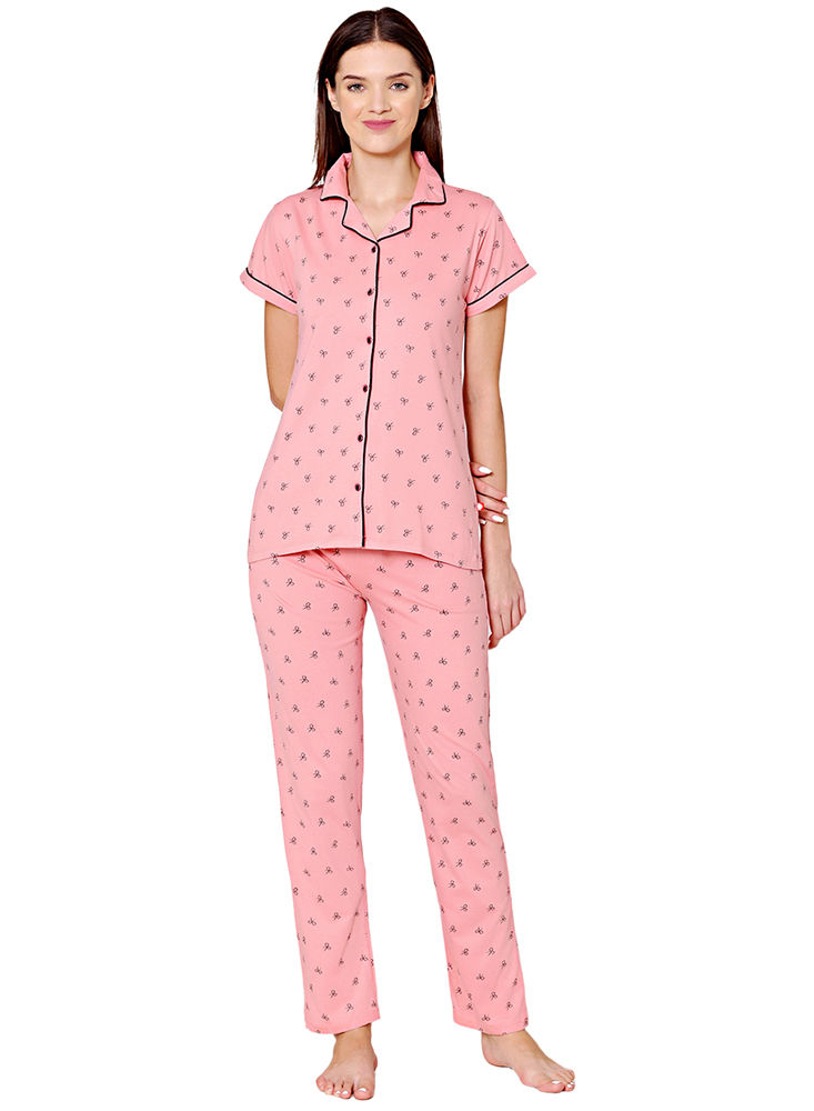 Bodycare Womens Cotton Printed Night Suit Set of Shirt & Pyjama-BSNS18011