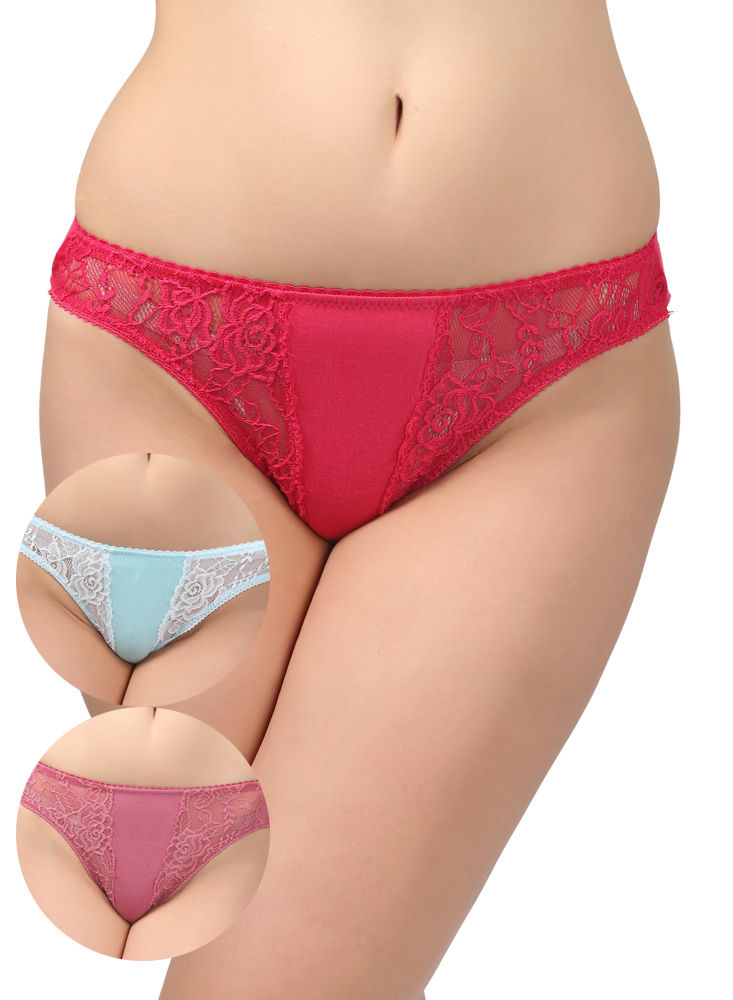 BODYCARE Pack of 3 Bikini Style Cotton Briefs in Assorted colors with Contrast Lacy sides-E1452