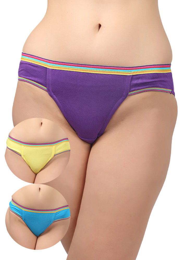 BODYCARE Pack of 3 Bikini Style Cotton Briefs in Assorted colors with Multi Coloured Striped waist band-E1477