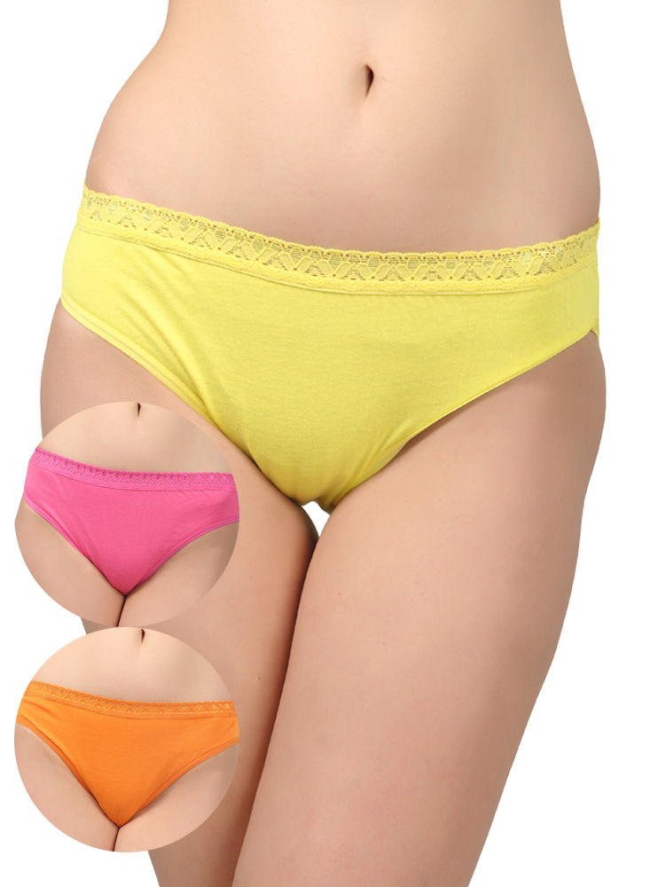 BODYCARE Pack of 3 Bikini Style Cotton Briefs in Assorted colors with Lacy waist Band-E1473