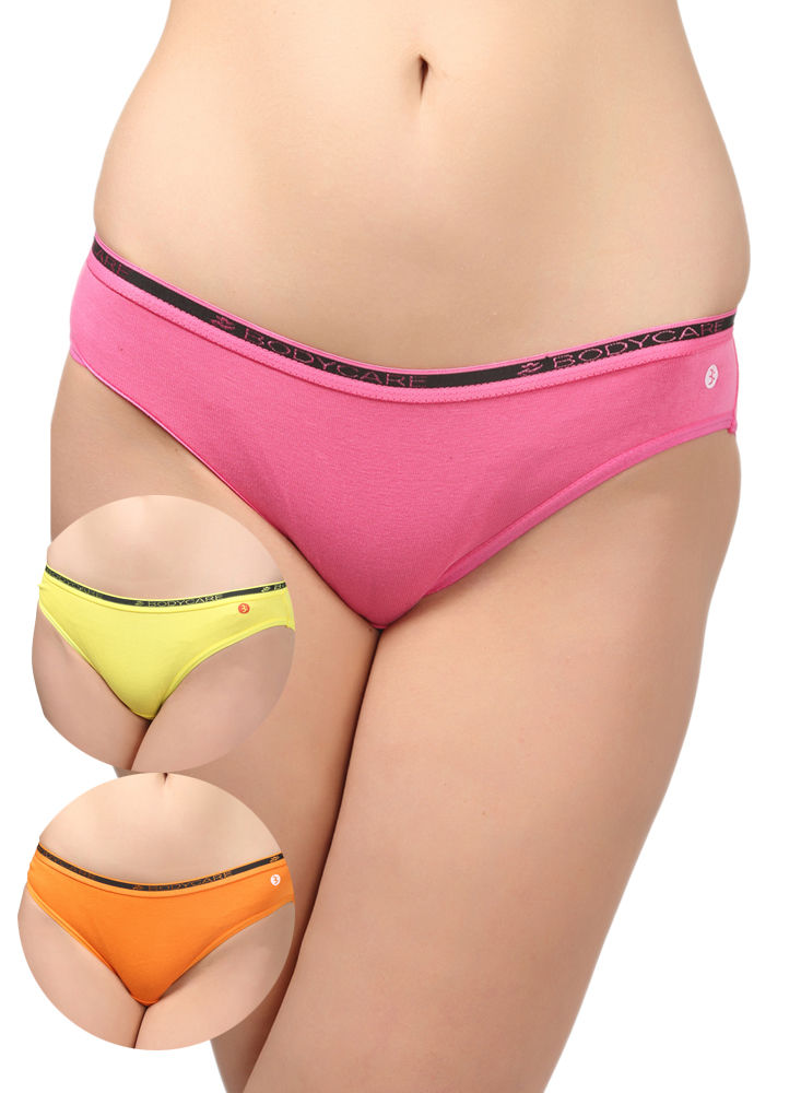 BODYCARE Pack of 3 Bikini Style Cotton Briefs in Assorted colors with Broad elastic band-E77C