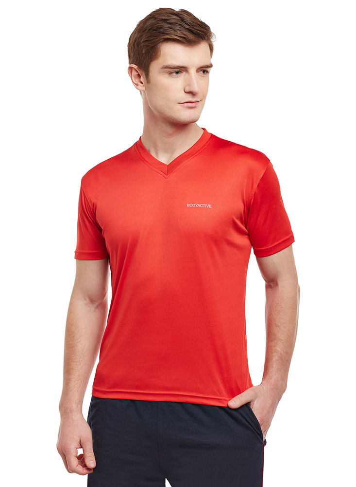 Bodyactive Men Red Dri-Fit V-Neck T-Shirt-TS11-RED