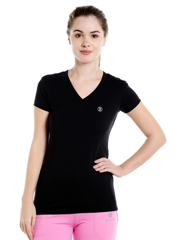 Bodyactive Women Black V Neck Tee-TS14-BLK