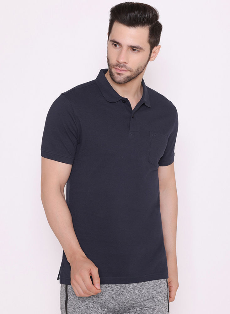 Bodyactive Solid Casual Half Sleeve Cotton Rich Pique Polo T-Shirt for Men with Chest Pocket-TS51-NAV