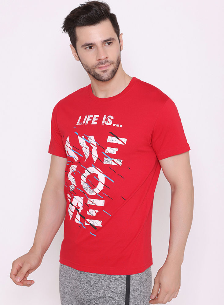 Bodyactive Regular Fit Printed Ribbed Round Neck Half Sleeve T-Shirt for Men-TS71-RED