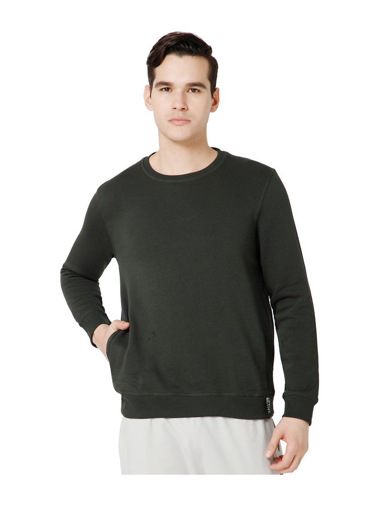 Bodyactive Men Fleece Crew Neck Green Sweatshirt TSM111-OLI