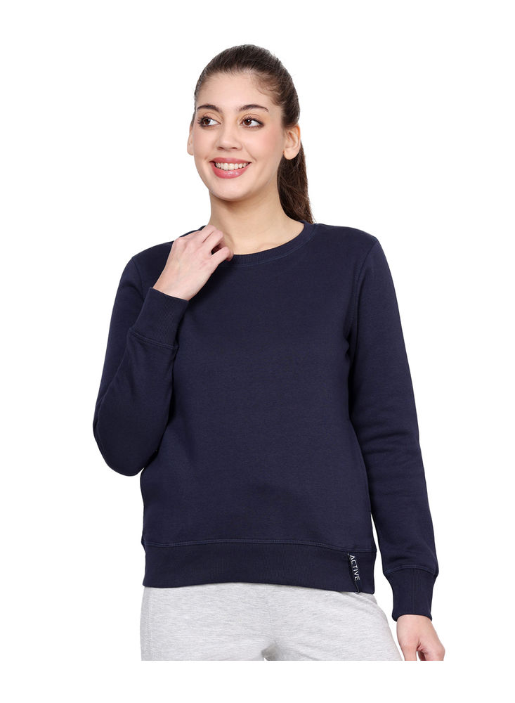 Bodyactive Women Cotton Fleece Blend Dark Blue Solid Crew Neck Sweatshirt-TSW112_NVY