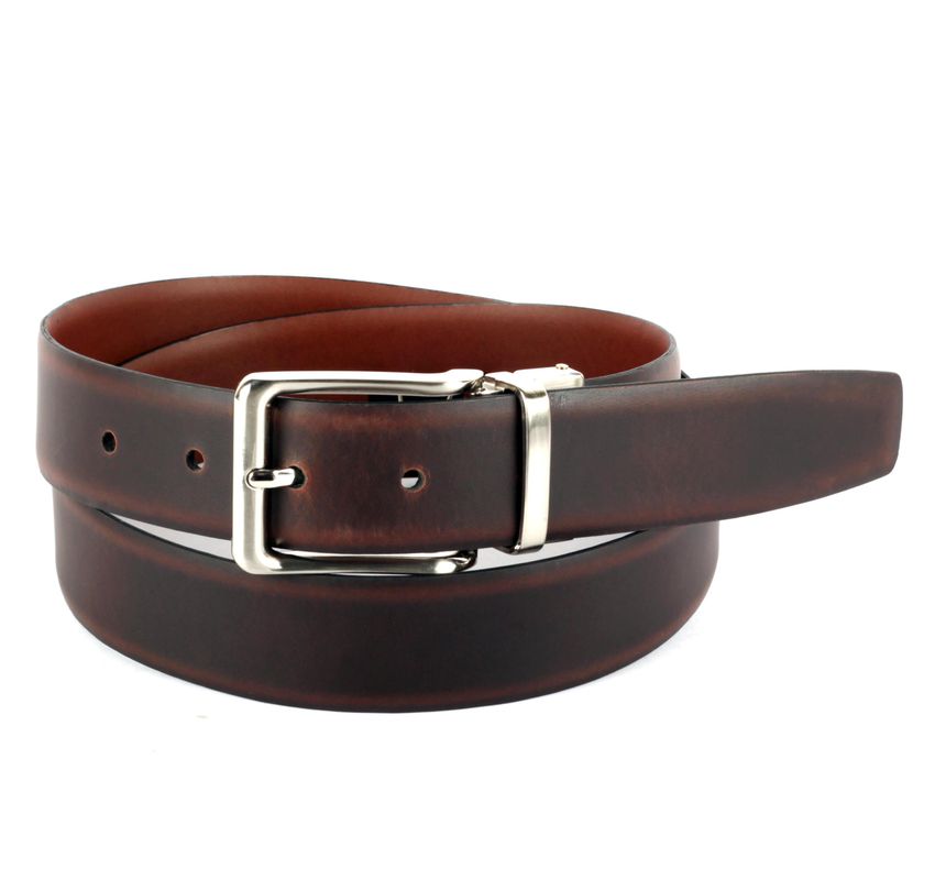 Brown & Tan Reversible Leather Belt With Twist & Turn Buckle in