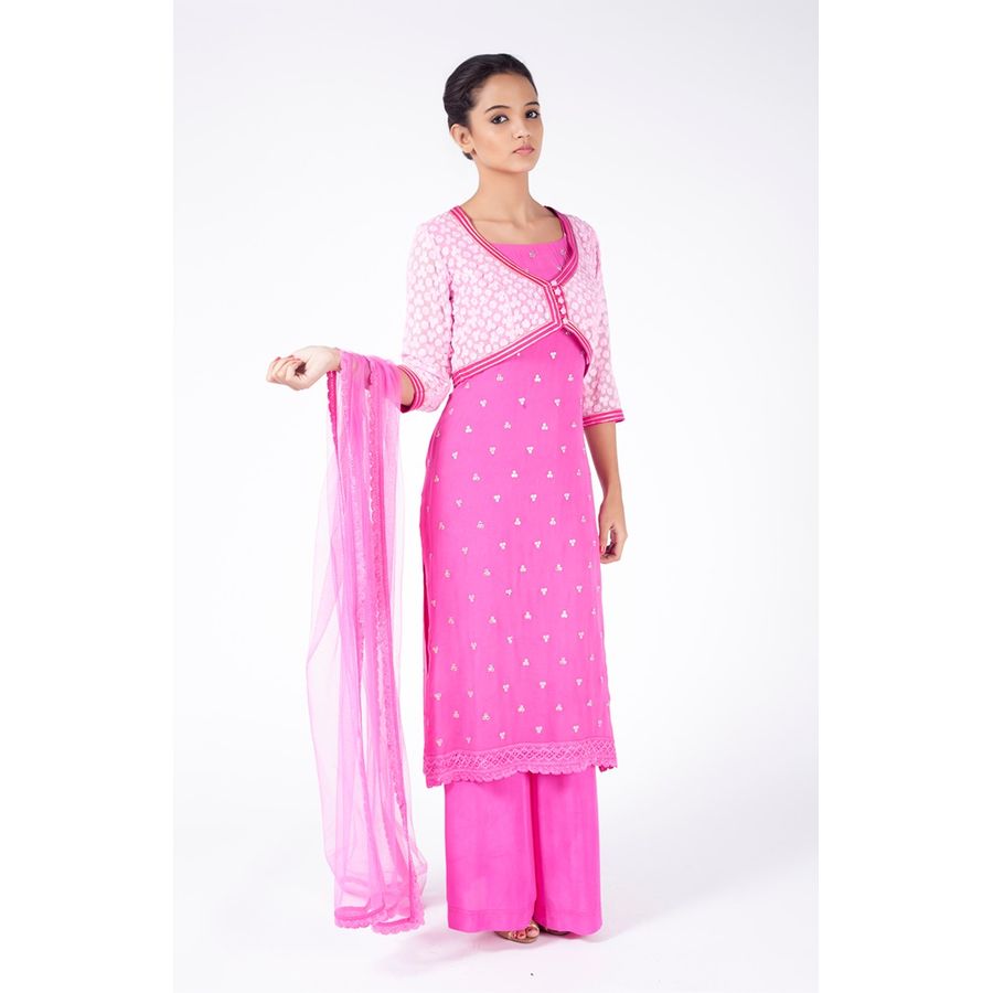 Bright Neon Pink Embroidered Jacket With Sharara Pant Along With Pink ...